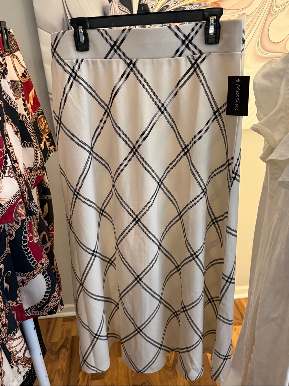 Messini Cream Skirt with Black Plaid A-Line Midi